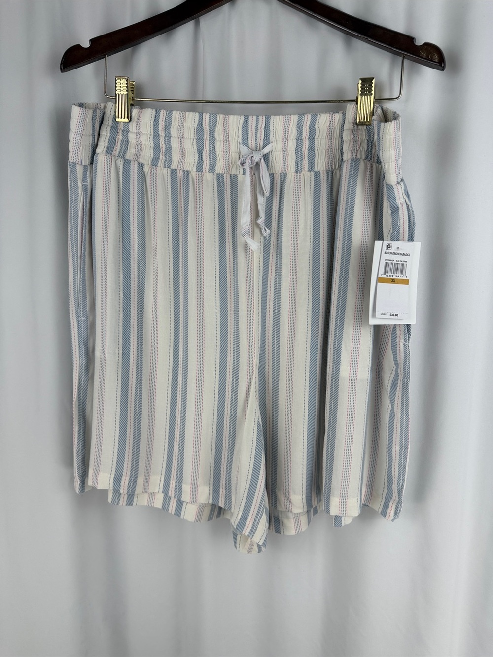 love, Fire High-Waist Striped Drawstring Shorts in Light Blue and Cream